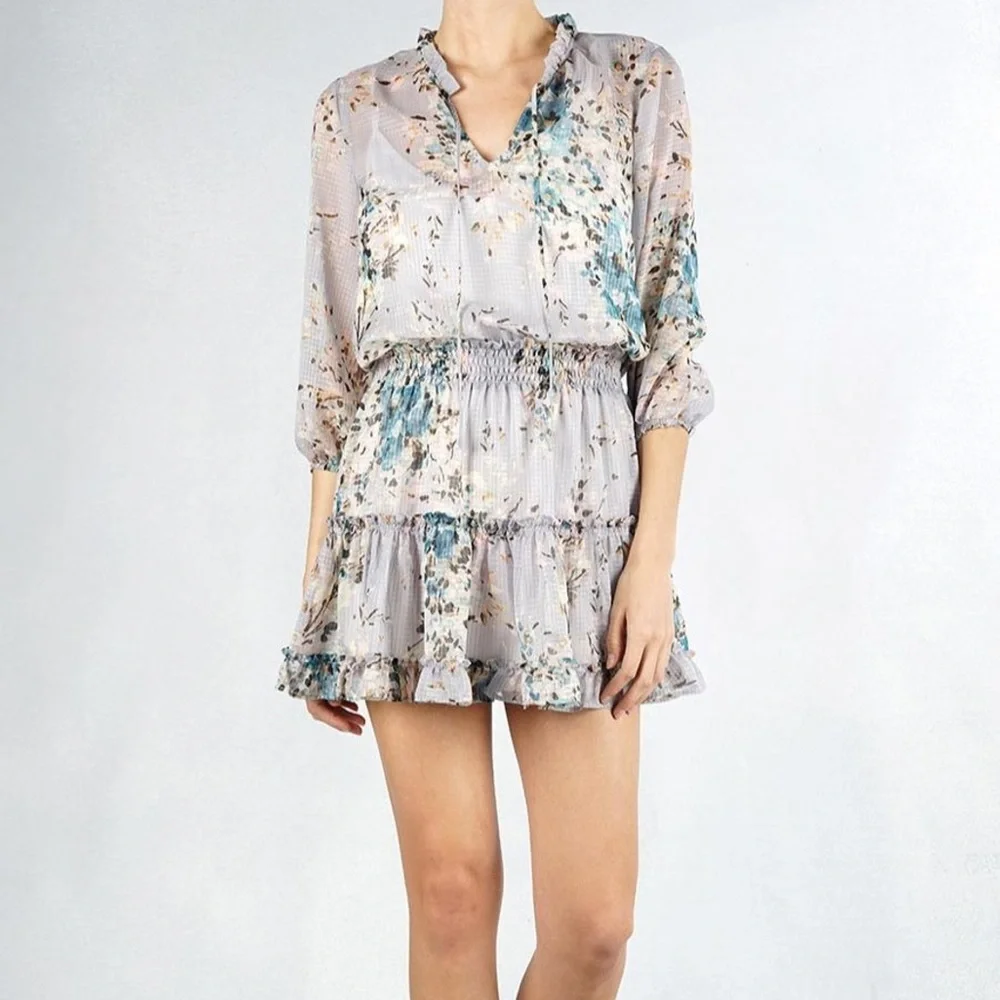 Love Stitch Women’s Boho Floral Smocked Sheer A-Line Ruffle Dress Size Medium - Picture 3 of 9